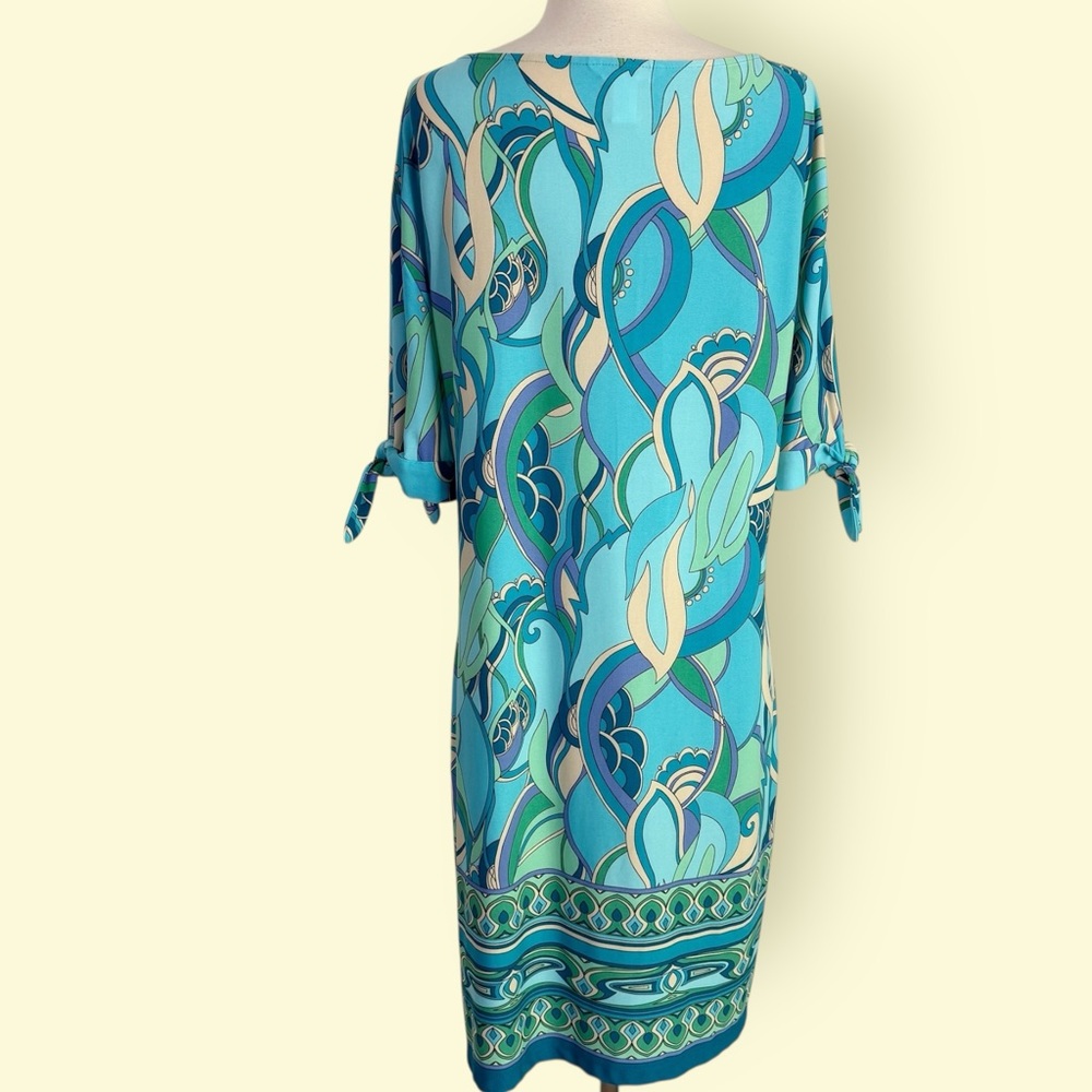 London Times Tie Sleeve Shift Dress Size 12 Coastal Turquoise Print - Picture 7 of 11